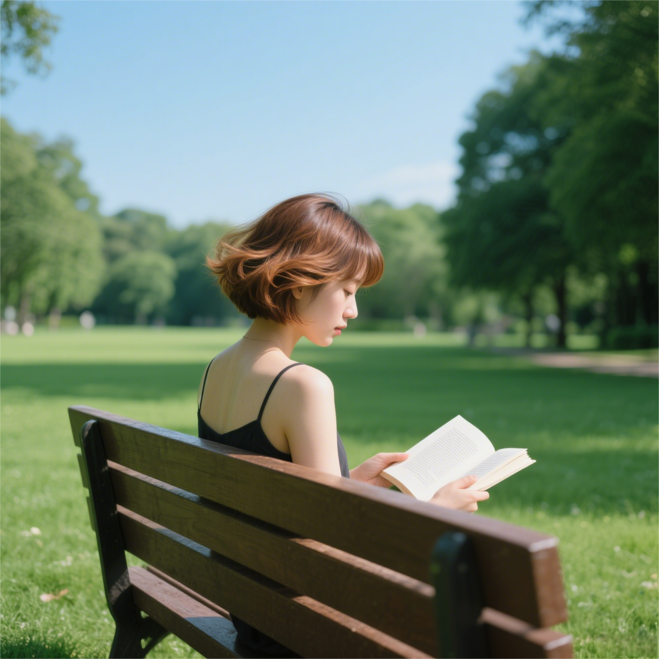 Woman on bench reads book in park.
