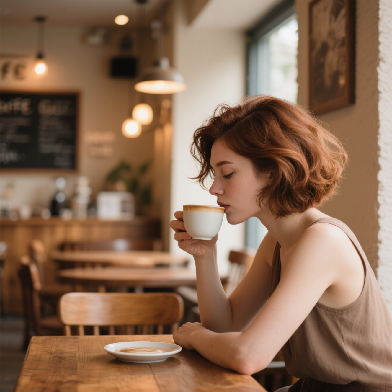 Woman sips coffee at café table.