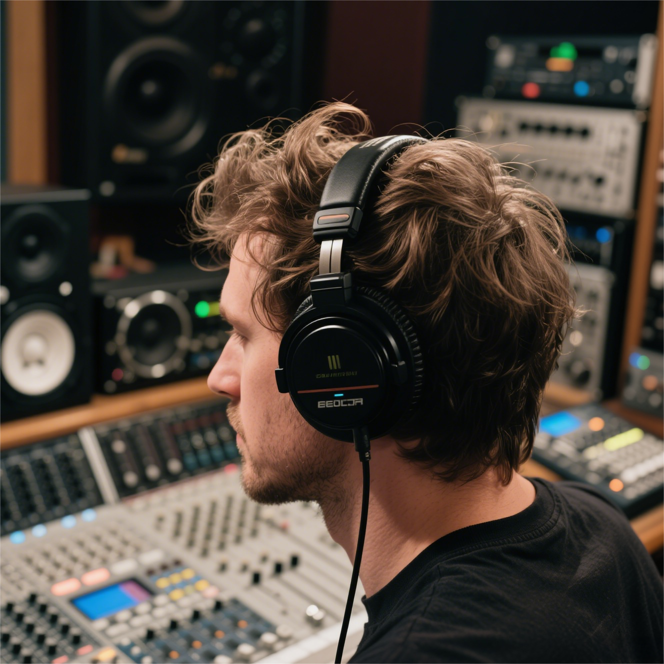 Man in studio, headphones, audio equipment.