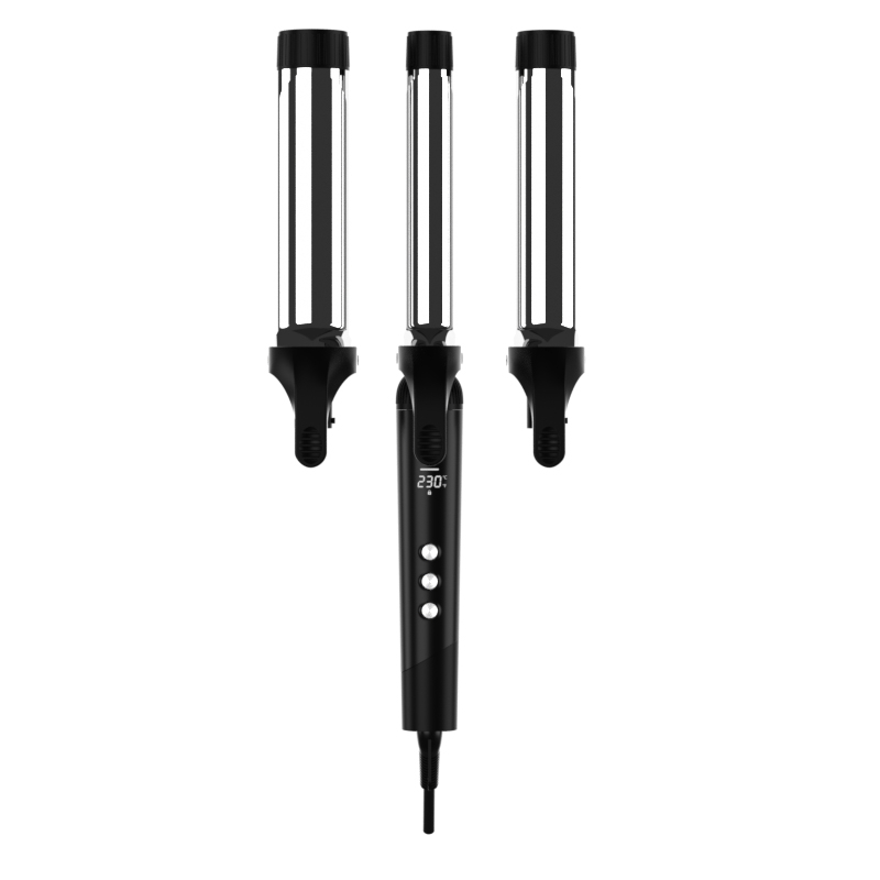 New 3 Barrel Black Led Display Titanium Hair Curler Iron with Ions